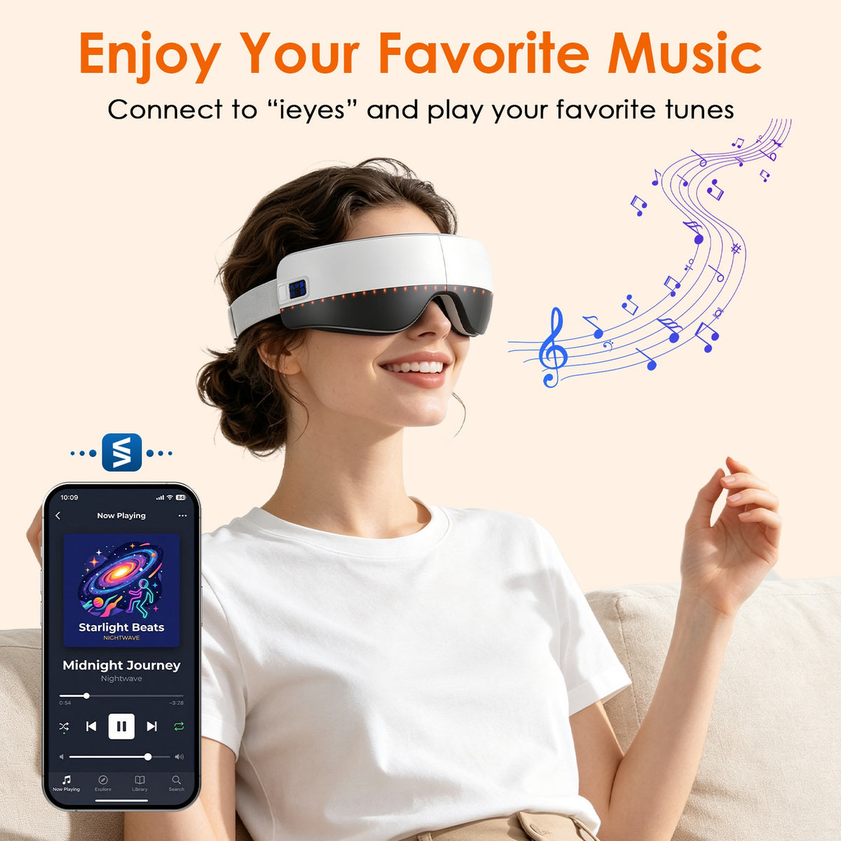 Woman relaxing with the Lumière Rest heated eye massager