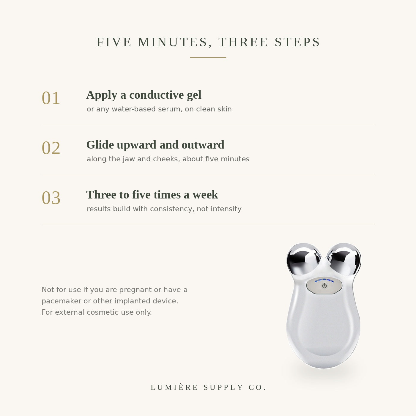 How to use in three steps: apply conductive gel, glide upward and outward, three to five times a week